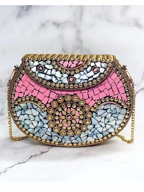 RAMLA Embellished Pink Mosaic Crossbody Bag with Gold Chain New WOT